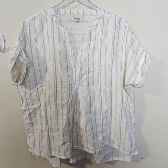 Madewell Dolman Boxy Striped Split V neck Oversized Cotton Short Sleeve Shirt Wo - Picture 1 of 4